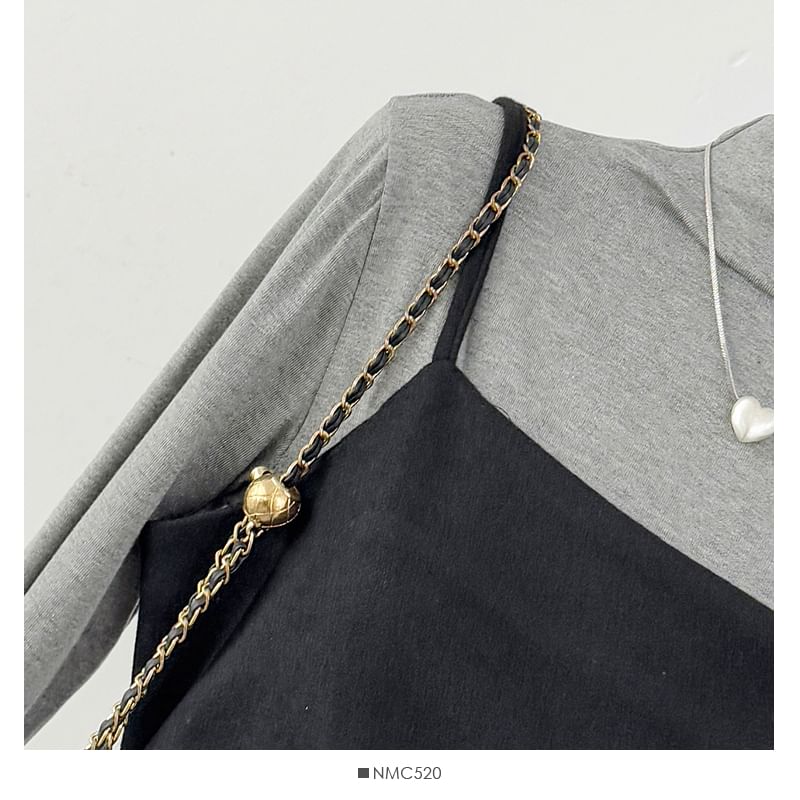 Set: Long Sleeve Mock Neck Plain T-Shirt + Spaghetti Strap Tie-Waist Midi A-Line Dress