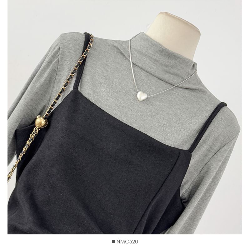 Set: Long Sleeve Mock Neck Plain T-Shirt + Spaghetti Strap Tie-Waist Midi A-Line Dress