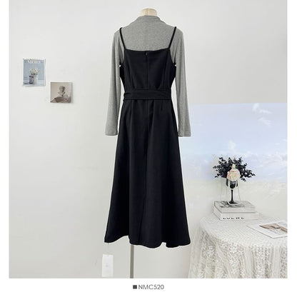 Set: Long Sleeve Mock Neck Plain T-Shirt + Spaghetti Strap Tie-Waist Midi A-Line Dress