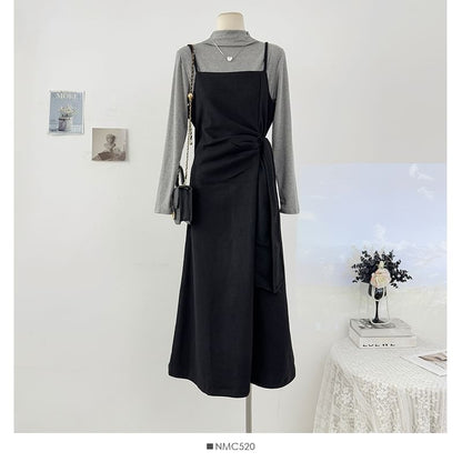 Set: Long Sleeve Mock Neck Plain T-Shirt + Spaghetti Strap Tie-Waist Midi A-Line Dress