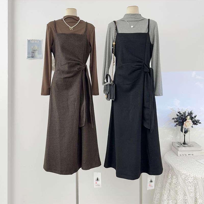 Set: Long Sleeve Mock Neck Plain T-Shirt + Spaghetti Strap Tie-Waist Midi A-Line Dress