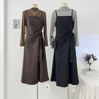 Set: Long Sleeve Mock Neck Plain T-Shirt + Spaghetti Strap Tie-Waist Midi A-Line Dress