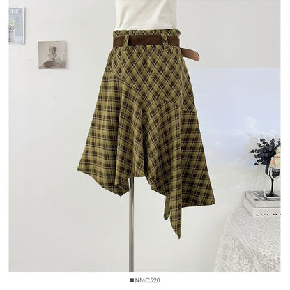 Plaid Asymmetric Hem Midi A-Line Skirt