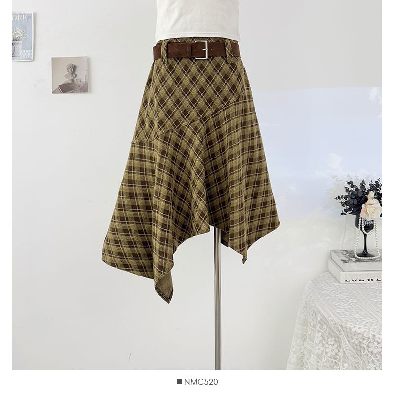 Plaid Asymmetric Hem Midi A-Line Skirt