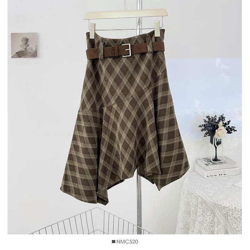 Plaid Asymmetric Hem Midi A-Line Skirt