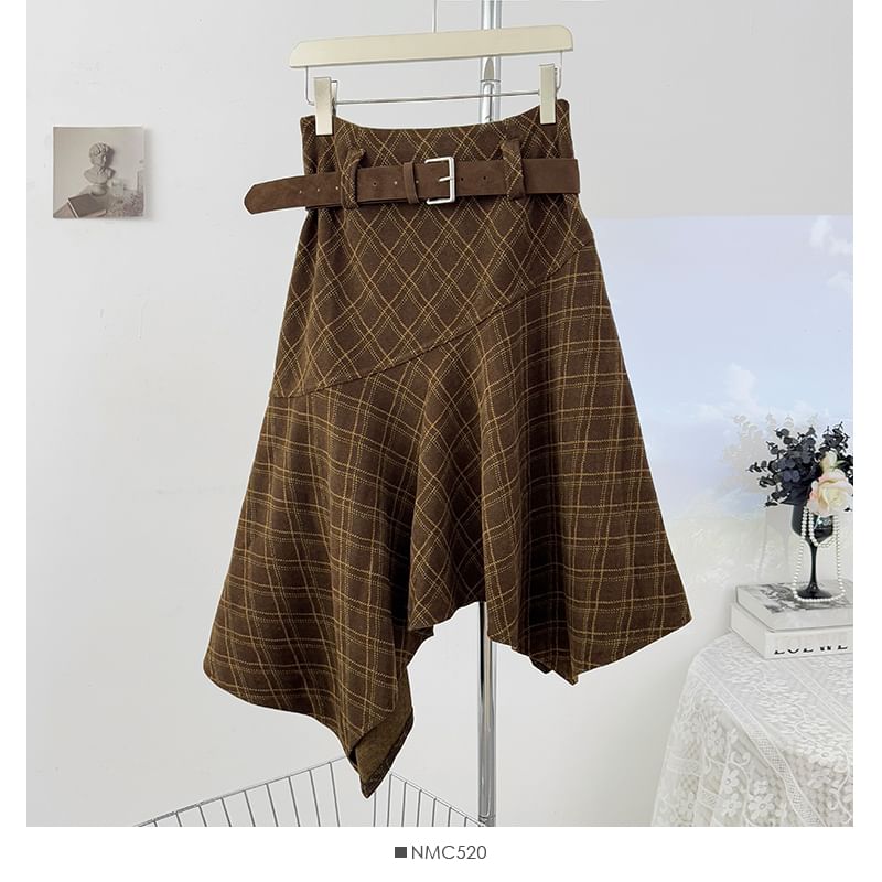 Plaid Asymmetric Hem Midi A-Line Skirt