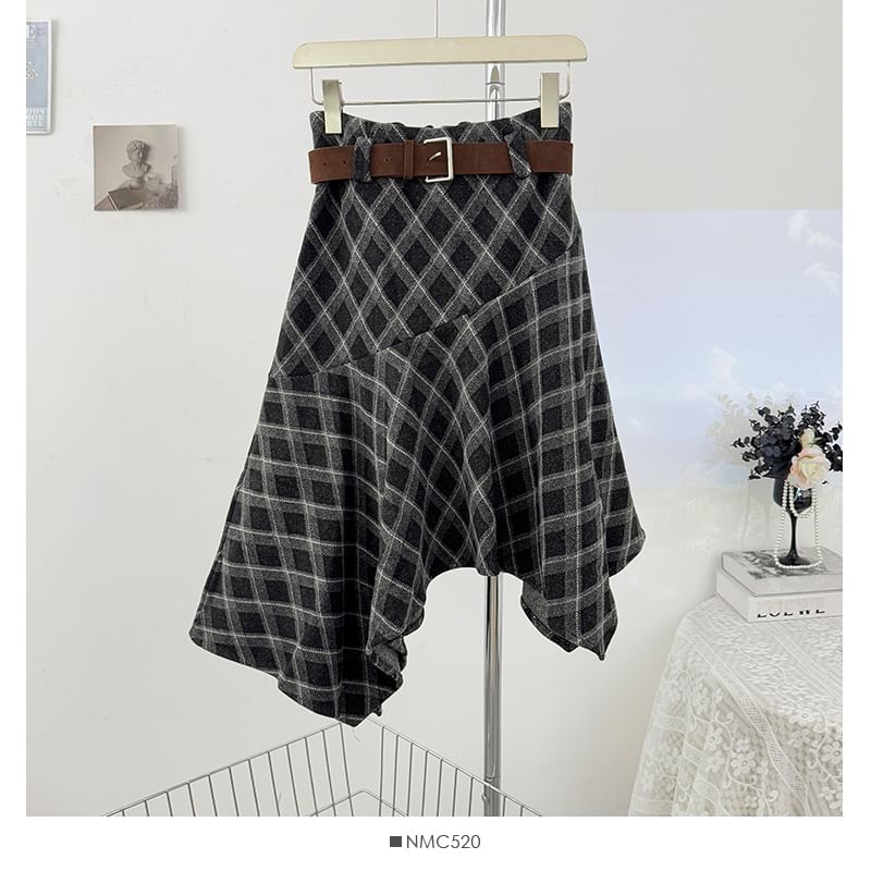 Plaid Asymmetric Hem Midi A-Line Skirt