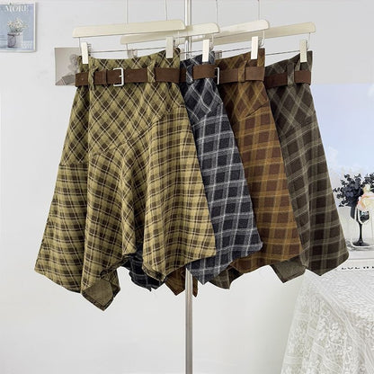Plaid Asymmetric Hem Midi A-Line Skirt