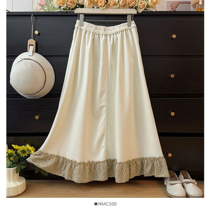 High Waist Lace Trim Ruffle Hem Maxi Skirt