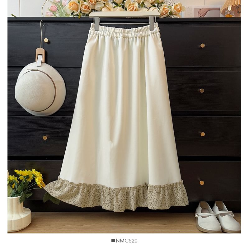 High Waist Lace Trim Ruffle Hem Maxi Skirt
