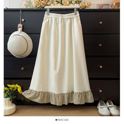 High Waist Lace Trim Ruffle Hem Maxi Skirt
