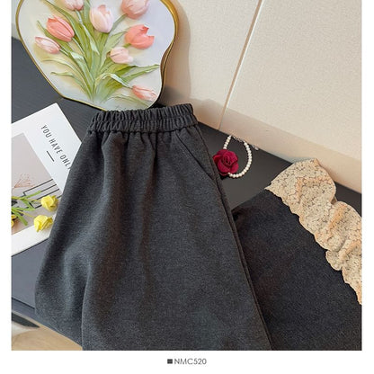 High Waist Lace Trim Ruffle Hem Maxi Skirt