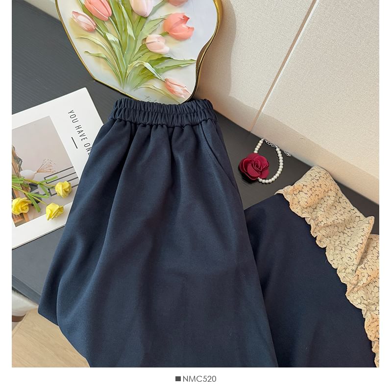 High Waist Lace Trim Ruffle Hem Maxi Skirt