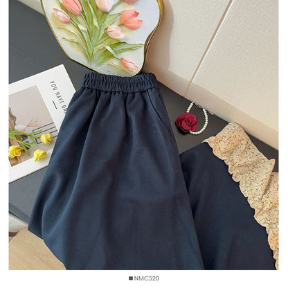 High Waist Lace Trim Ruffle Hem Maxi Skirt