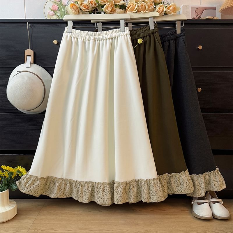 High Waist Lace Trim Ruffle Hem Maxi Skirt
