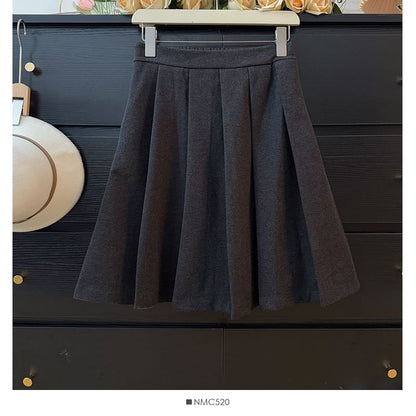 High Rise Solid Midi Pleated A-Line Skirt