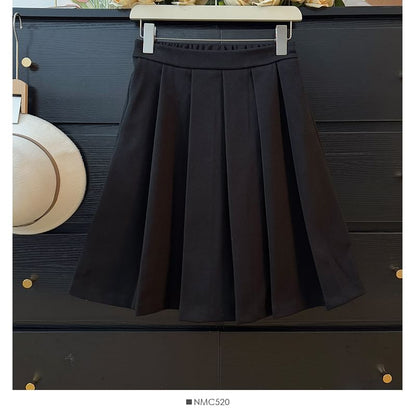 High Rise Solid Midi Pleated A-Line Skirt