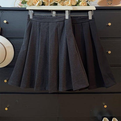 High Rise Solid Midi Pleated A-Line Skirt