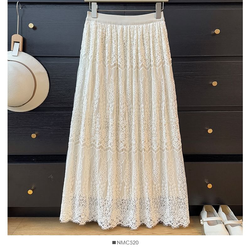 Lace Maxi A-Line Skirt with High Waist