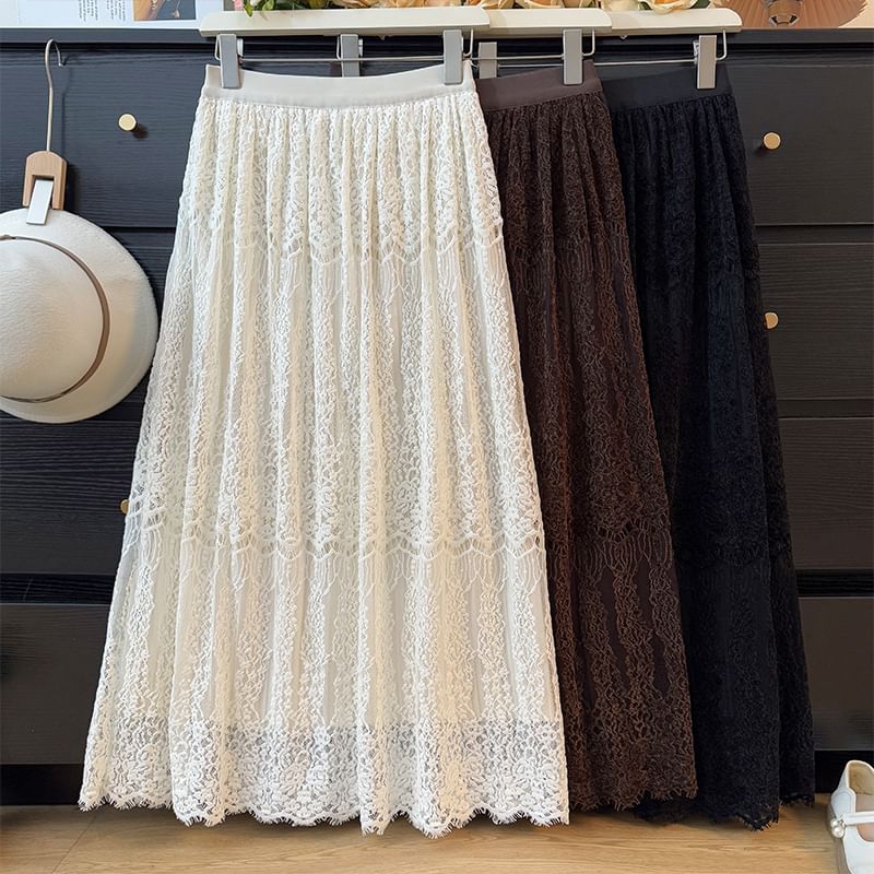 Lace Maxi A-Line Skirt with High Waist