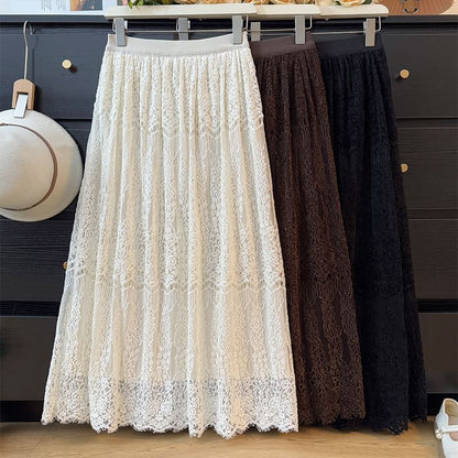 Lace Maxi A-Line Skirt with High Waist