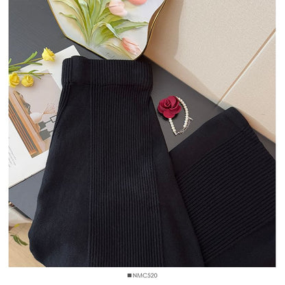 High Rise Ribbed Knit Maxi A-Line Skirt