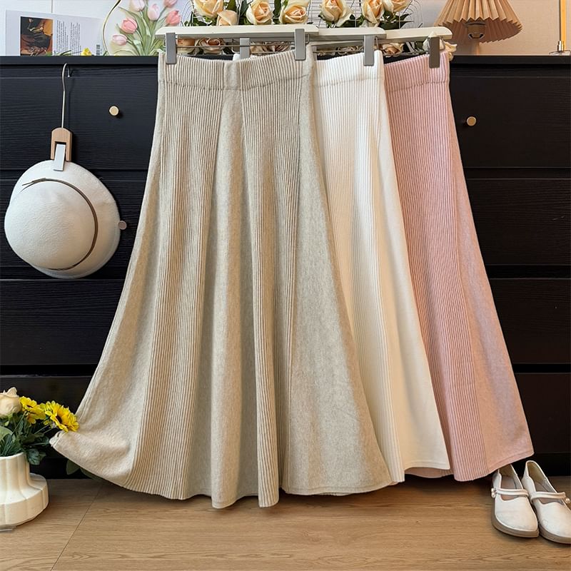High Rise Ribbed Knit Maxi A-Line Skirt