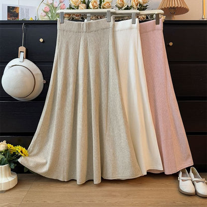 High Rise Ribbed Knit Maxi A-Line Skirt
