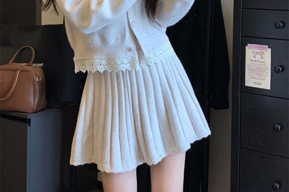 Set: Collared Button-Up Cardigan & Pleated Mini Skirt