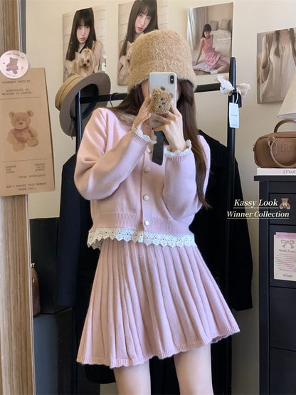 Set: Collared Button-Up Cardigan & Pleated Mini Skirt
