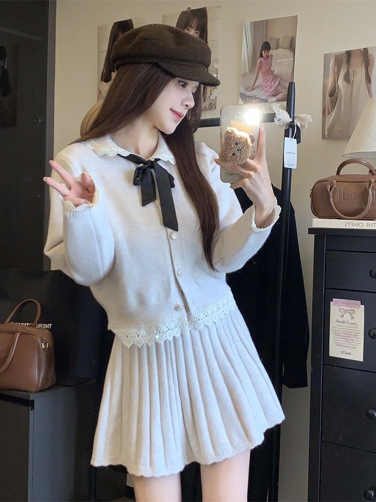 Set: Collared Button-Up Cardigan & Pleated Mini Skirt