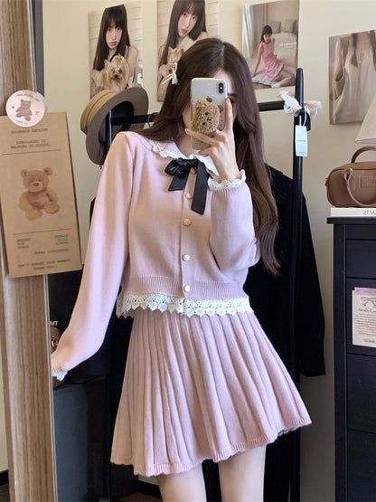 Set: Collared Button-Up Cardigan & Pleated Mini Skirt
