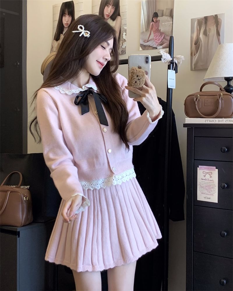 Set: Collared Button-Up Cardigan & Pleated Mini Skirt