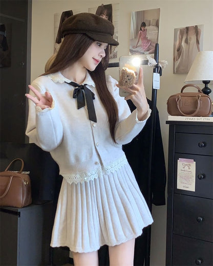 Set: Collared Button-Up Cardigan & Pleated Mini Skirt