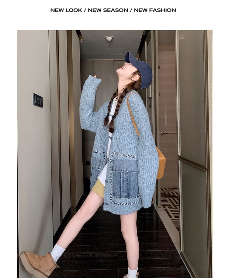 V-Neck Plain Washed Denim Button Long Cardigan