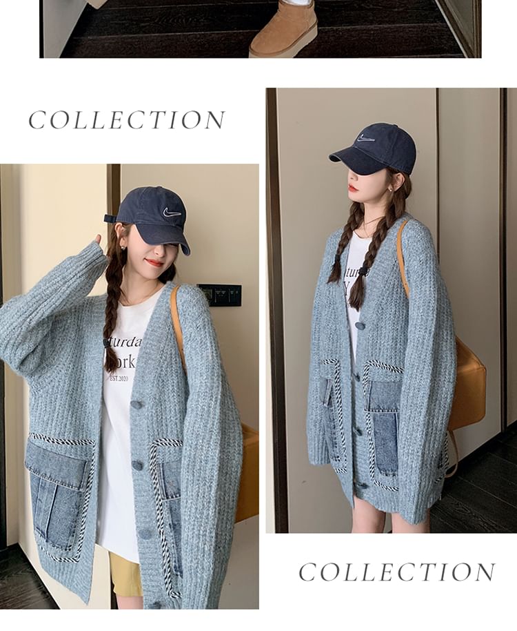 V-Neck Plain Washed Denim Button Long Cardigan
