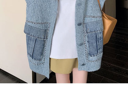 V-Neck Plain Washed Denim Button Long Cardigan