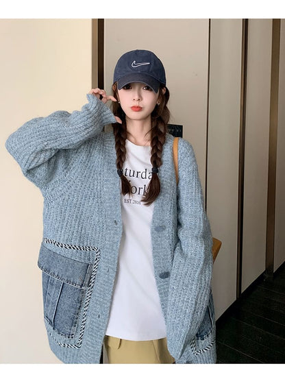 V-Neck Plain Washed Denim Button Long Cardigan