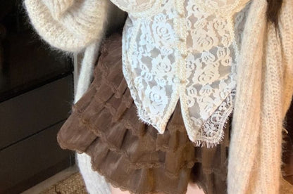 Fluffy Trim Hooded Cardigan & Lace Crop Camisole & Lace Trim Mini Skirt Set