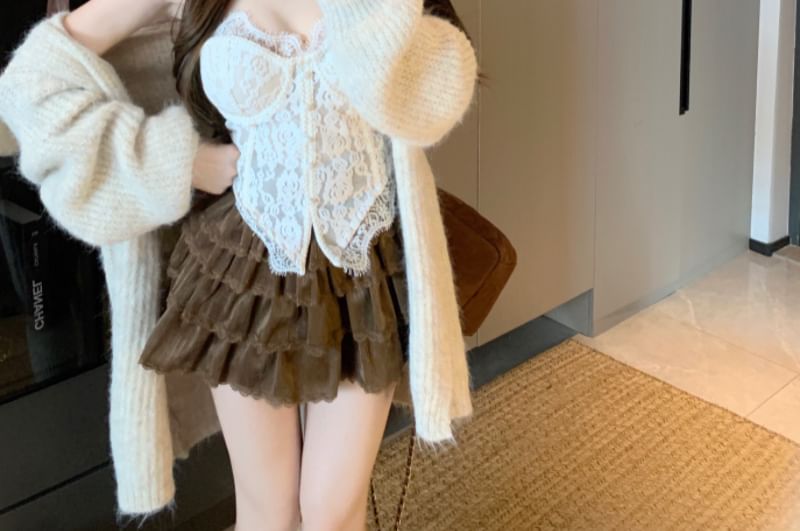 Fluffy Trim Hooded Cardigan & Lace Crop Camisole & Lace Trim Mini Skirt Set