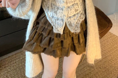 Fluffy Trim Hooded Cardigan & Lace Crop Camisole & Lace Trim Mini Skirt Set