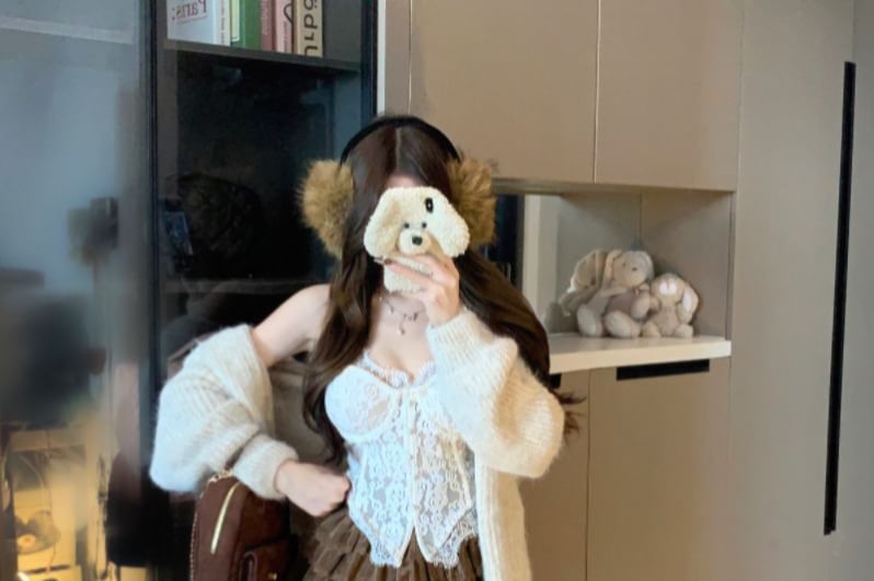 Fluffy Trim Hooded Cardigan & Lace Crop Camisole & Lace Trim Mini Skirt Set