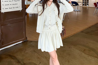 Sleeveless Frill Trim Crop Top & Cable Knit Cardigan & Pleated Mini Skirt Set