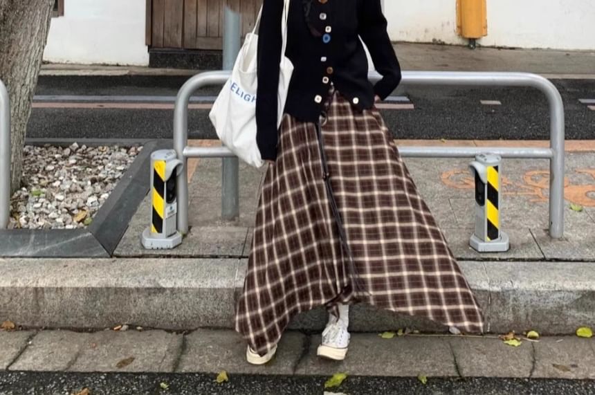 Crew Neck Button-Up Cardigan & Plaid Midi A-Line Skirt Set