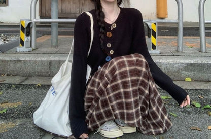 Crew Neck Button-Up Cardigan & Plaid Midi A-Line Skirt Set