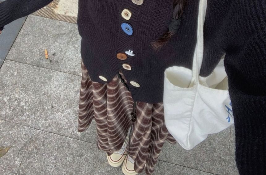 Crew Neck Button-Up Cardigan & Plaid Midi A-Line Skirt Set