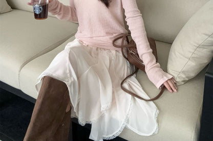 Long-Sleeve Sheer Tee & Lace Trim Ruffle Midi A-Line Skirt Set