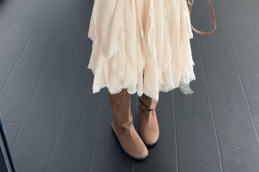 Long-Sleeve Sheer Tee & Lace Trim Ruffle Midi A-Line Skirt Set
