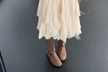 Long-Sleeve Sheer Tee & Lace Trim Ruffle Midi A-Line Skirt Set