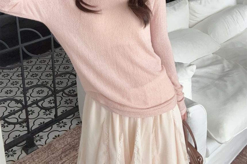Long-Sleeve Sheer Tee & Lace Trim Ruffle Midi A-Line Skirt Set